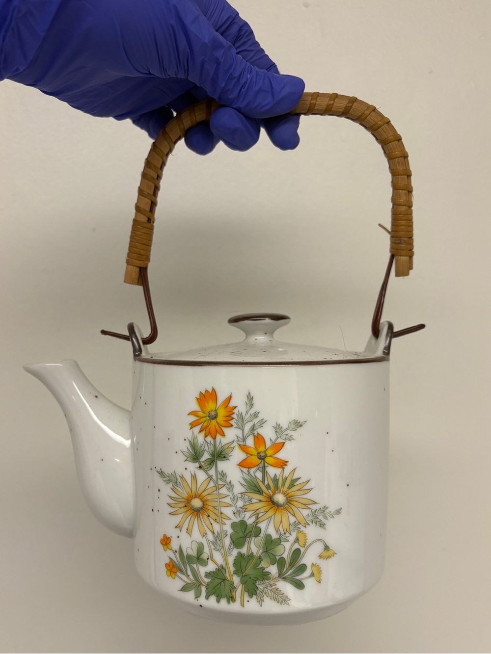 Cottagecore Speckled Stonewear Teapot Yellow Flowers Pattern with Bamboo Handle